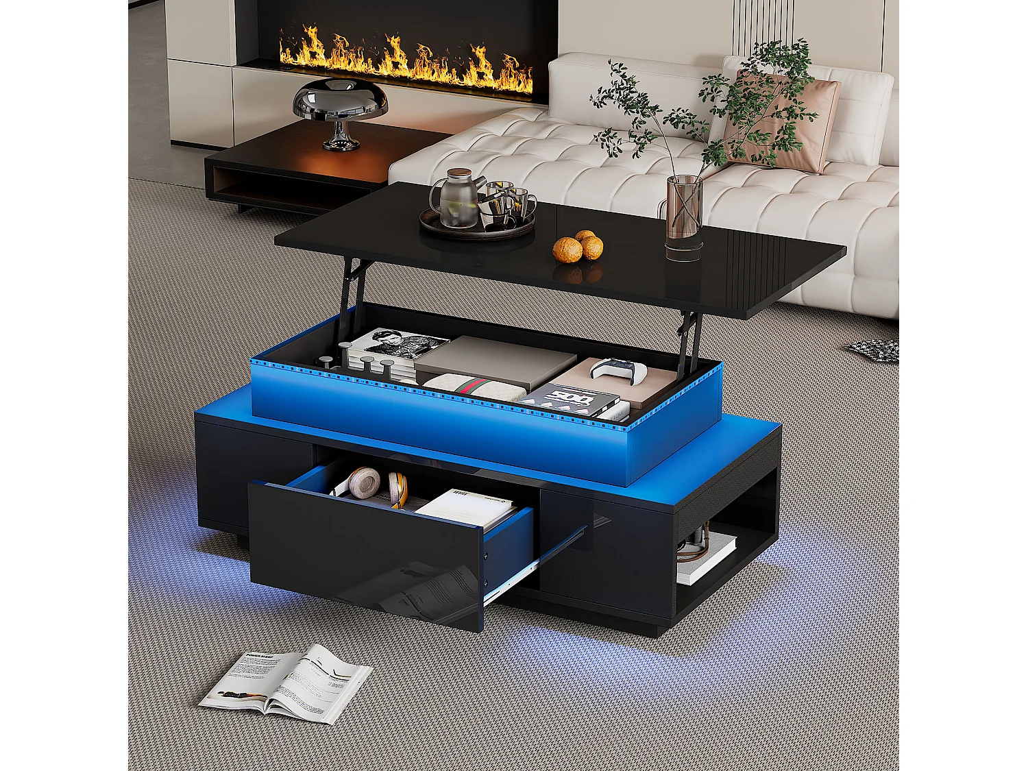 Tavolino rettangolare 96x45x40cm con piano sollevabile e 1 cassetto, ampio vano portaoggetti integrato, LED incluso, corpo laccato nero lucido