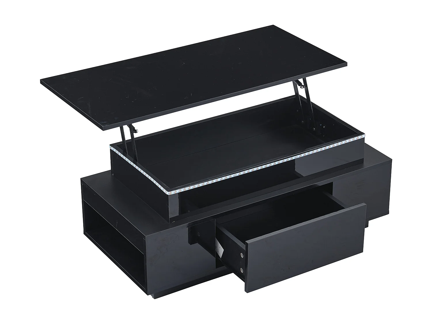 Tavolino rettangolare 96x45x40cm con piano sollevabile e 1 cassetto, ampio vano portaoggetti integrato, LED incluso, corpo laccato nero lucido