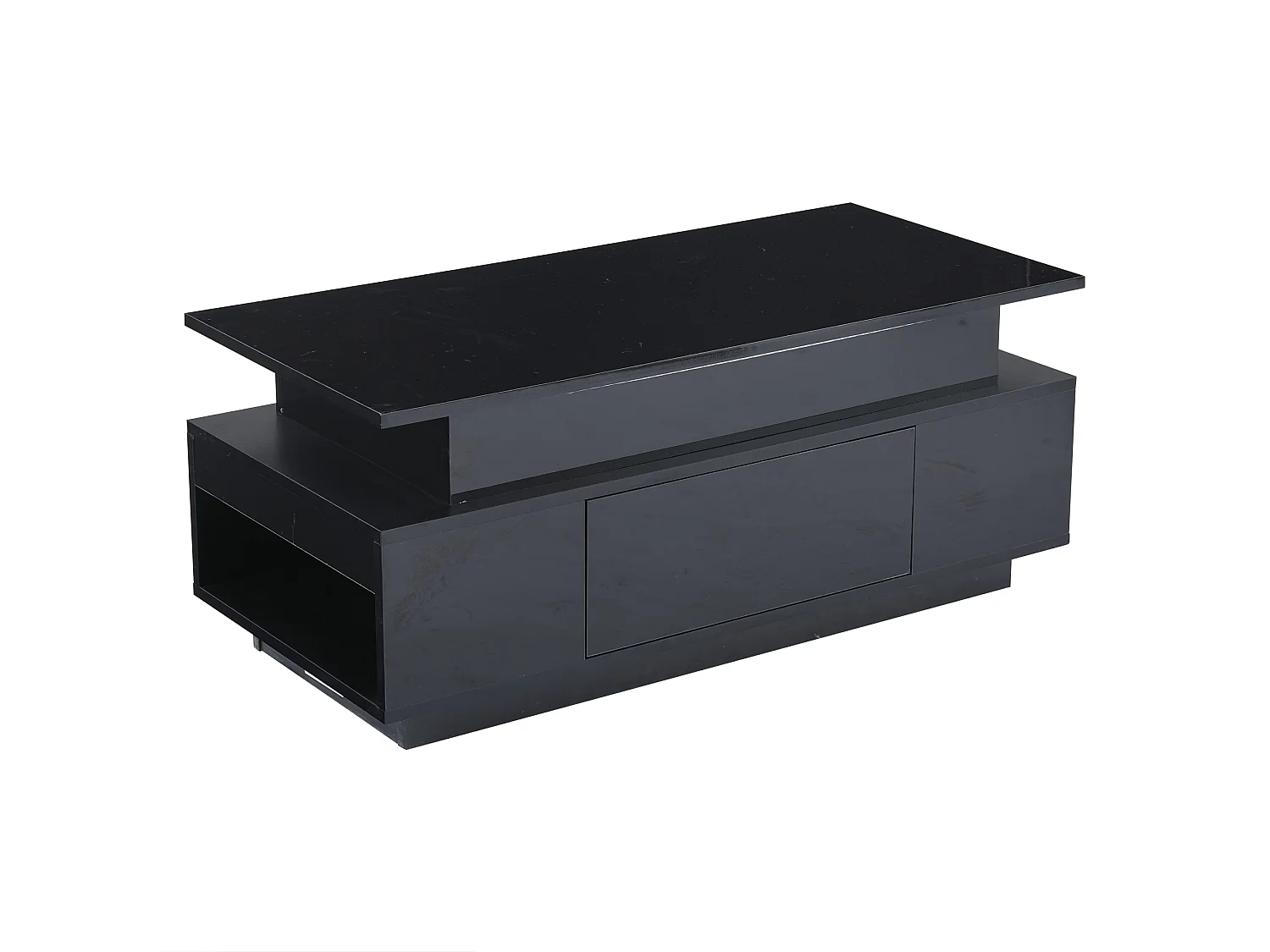 Tavolino rettangolare 96x45x40cm con piano sollevabile e 1 cassetto, ampio vano portaoggetti integrato, LED incluso, corpo laccato nero lucido