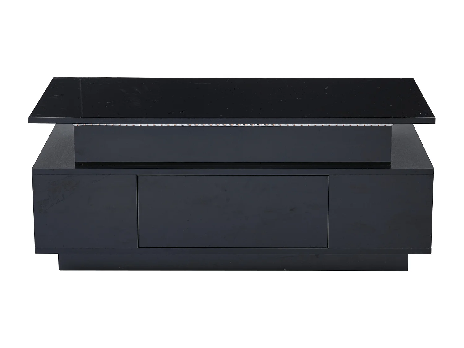 Tavolino rettangolare 96x45x40cm con piano sollevabile e 1 cassetto, ampio vano portaoggetti integrato, LED incluso, corpo laccato nero lucido