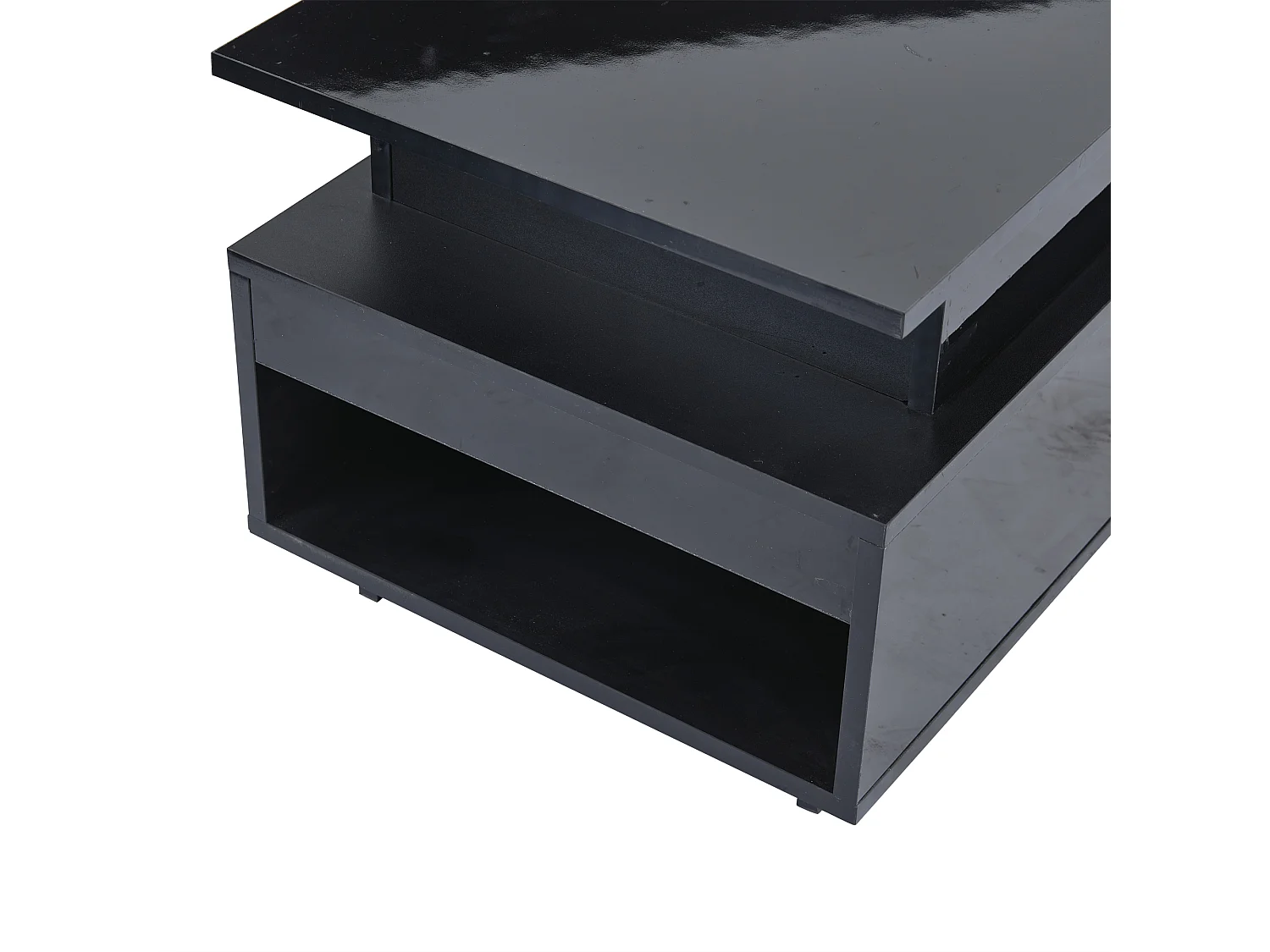 Tavolino rettangolare 96x45x40cm con piano sollevabile e 1 cassetto, ampio vano portaoggetti integrato, LED incluso, corpo laccato nero lucido
