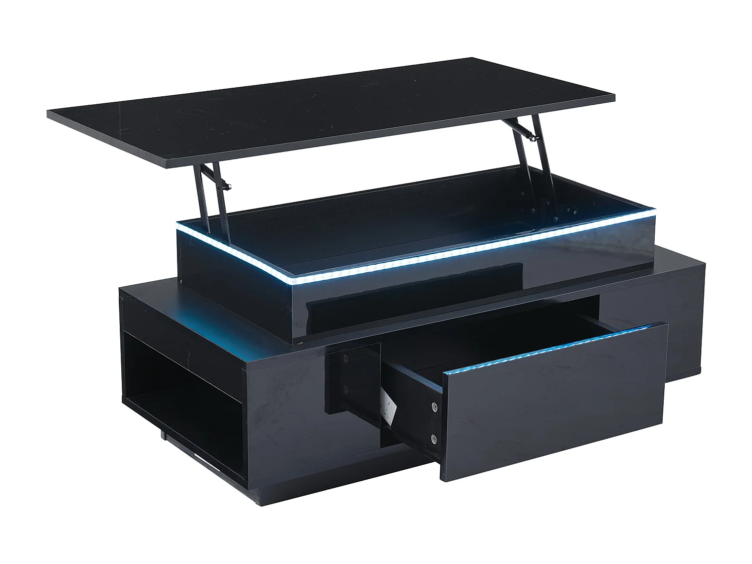 Tavolino rettangolare 96x45x40cm con piano sollevabile e 1 cassetto, ampio vano portaoggetti integrato, LED incluso, corpo laccato nero lucido