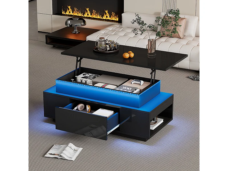 Tavolino rettangolare 96x45x40cm con piano sollevabile e 1 cassetto, ampio vano portaoggetti integrato, LED incluso, corpo laccato nero lucido
