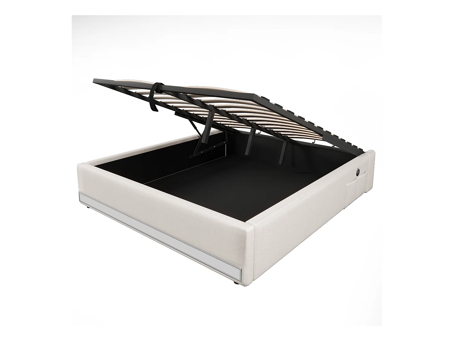 Lit coffre adulte 140x200cm en lin beige, sans tête de lit, LED et USB inclus, sans matelas