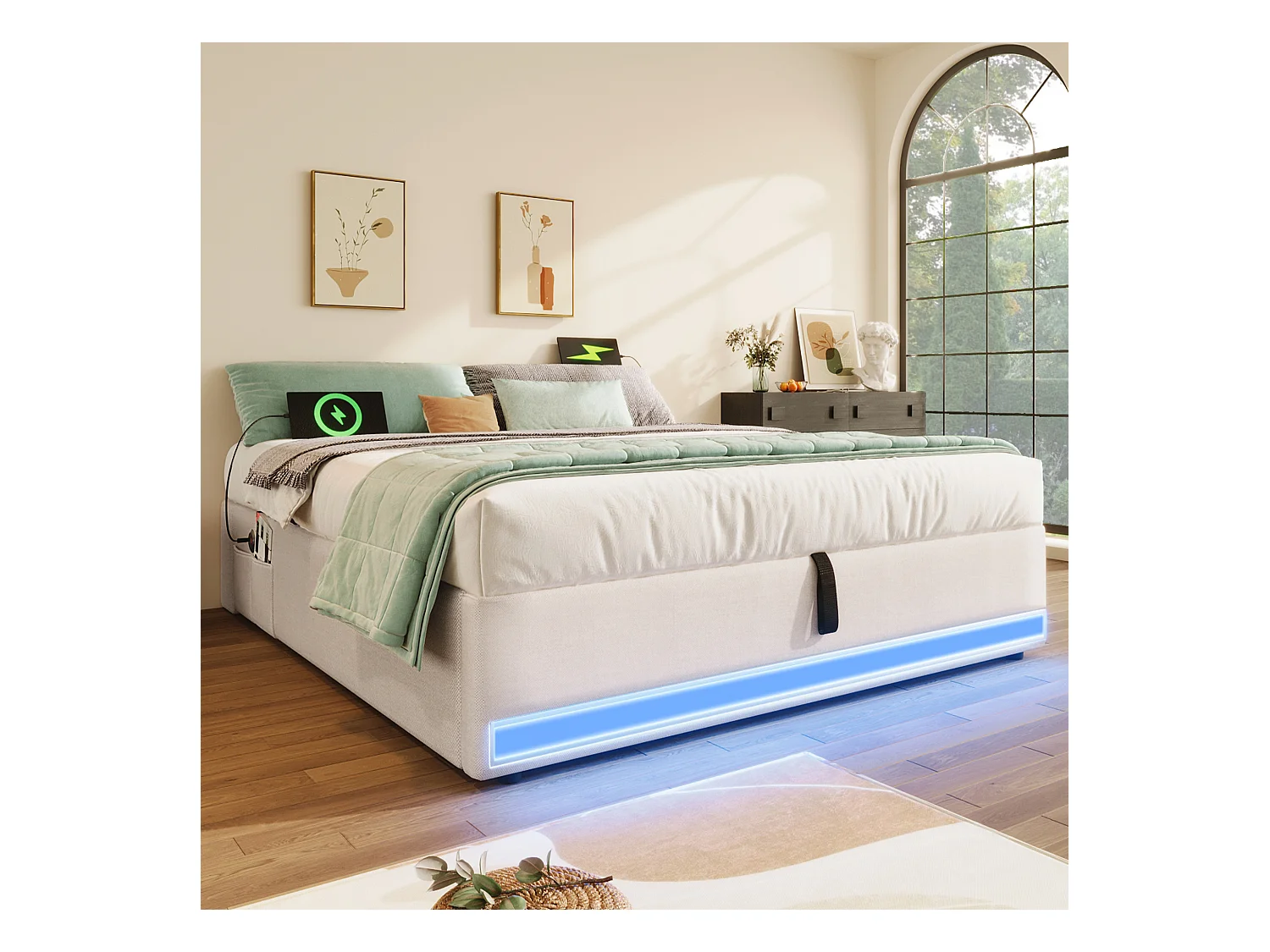 Lit coffre adulte 140x200cm en lin beige, sans tête de lit, LED et USB inclus, sans matelas