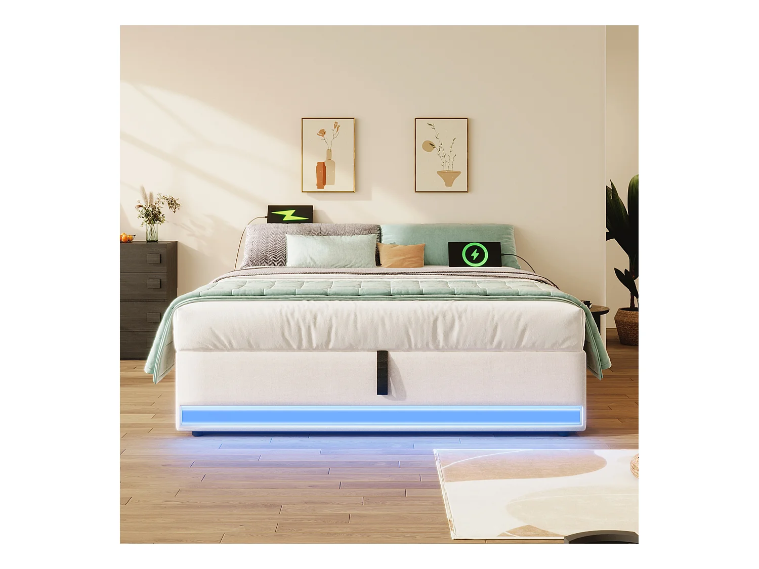 Lit coffre adulte 140x200cm en lin beige, sans tête de lit, LED et USB inclus, sans matelas