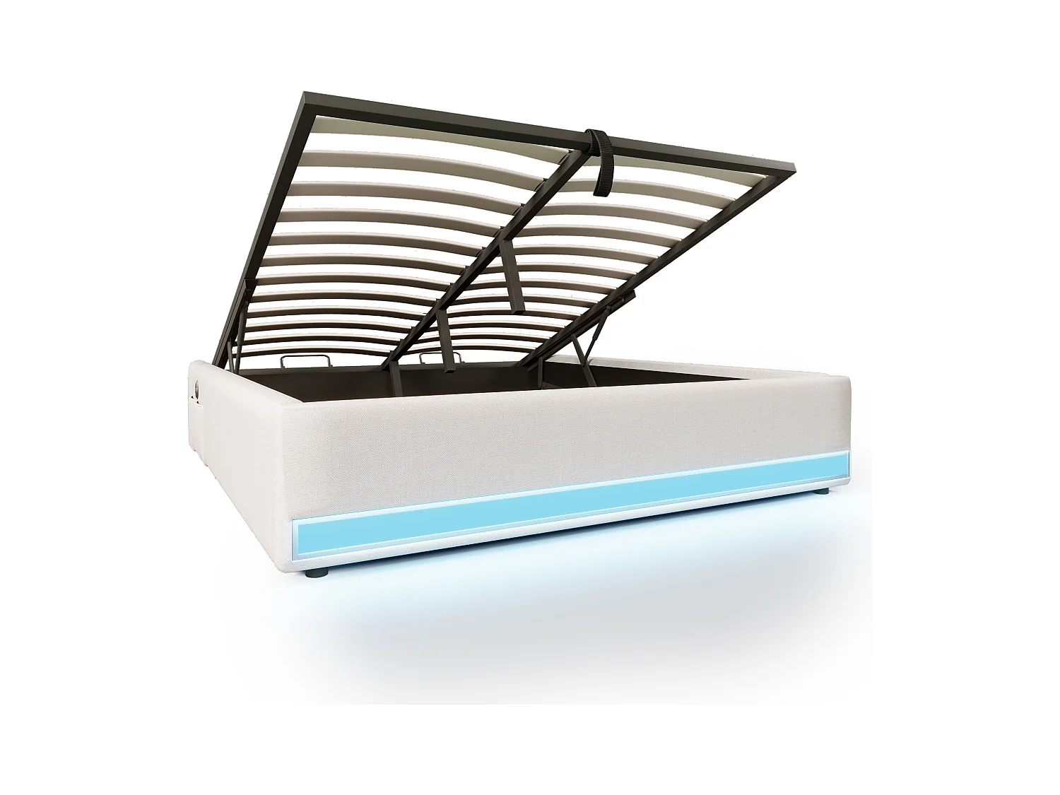 Lit coffre adulte 140x200cm en lin beige, sans tête de lit, LED et USB inclus, sans matelas