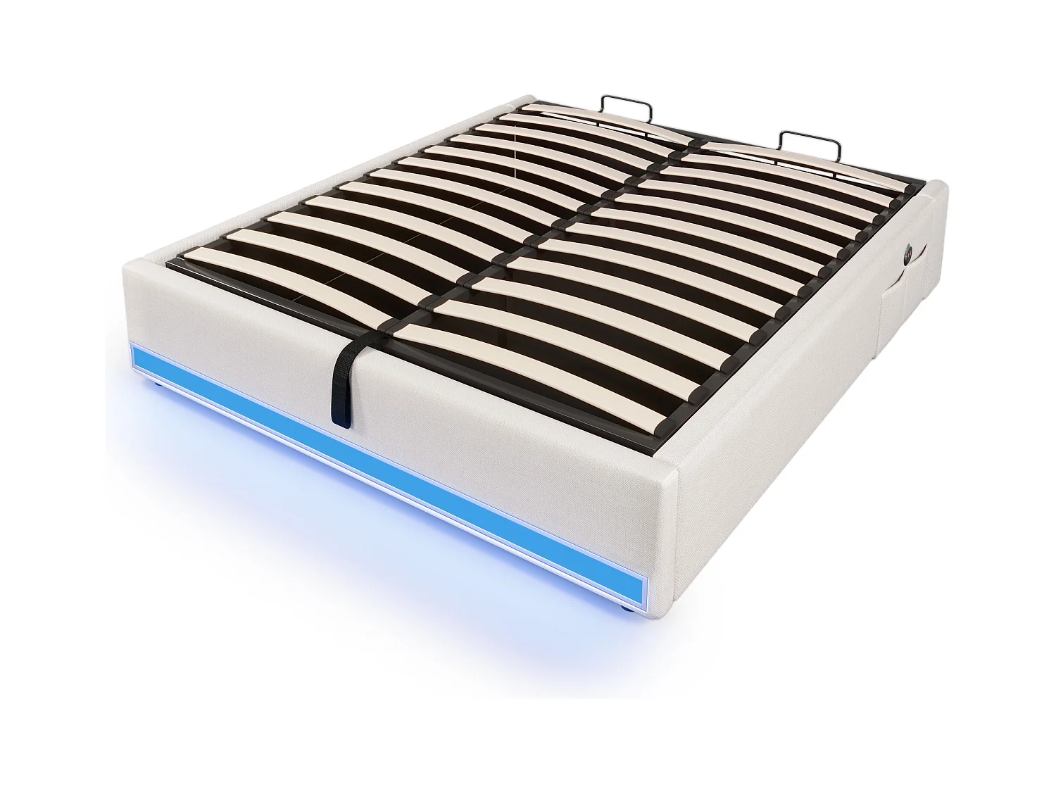 Lit coffre adulte 140x200cm en lin beige, sans tête de lit, LED et USB inclus, sans matelas