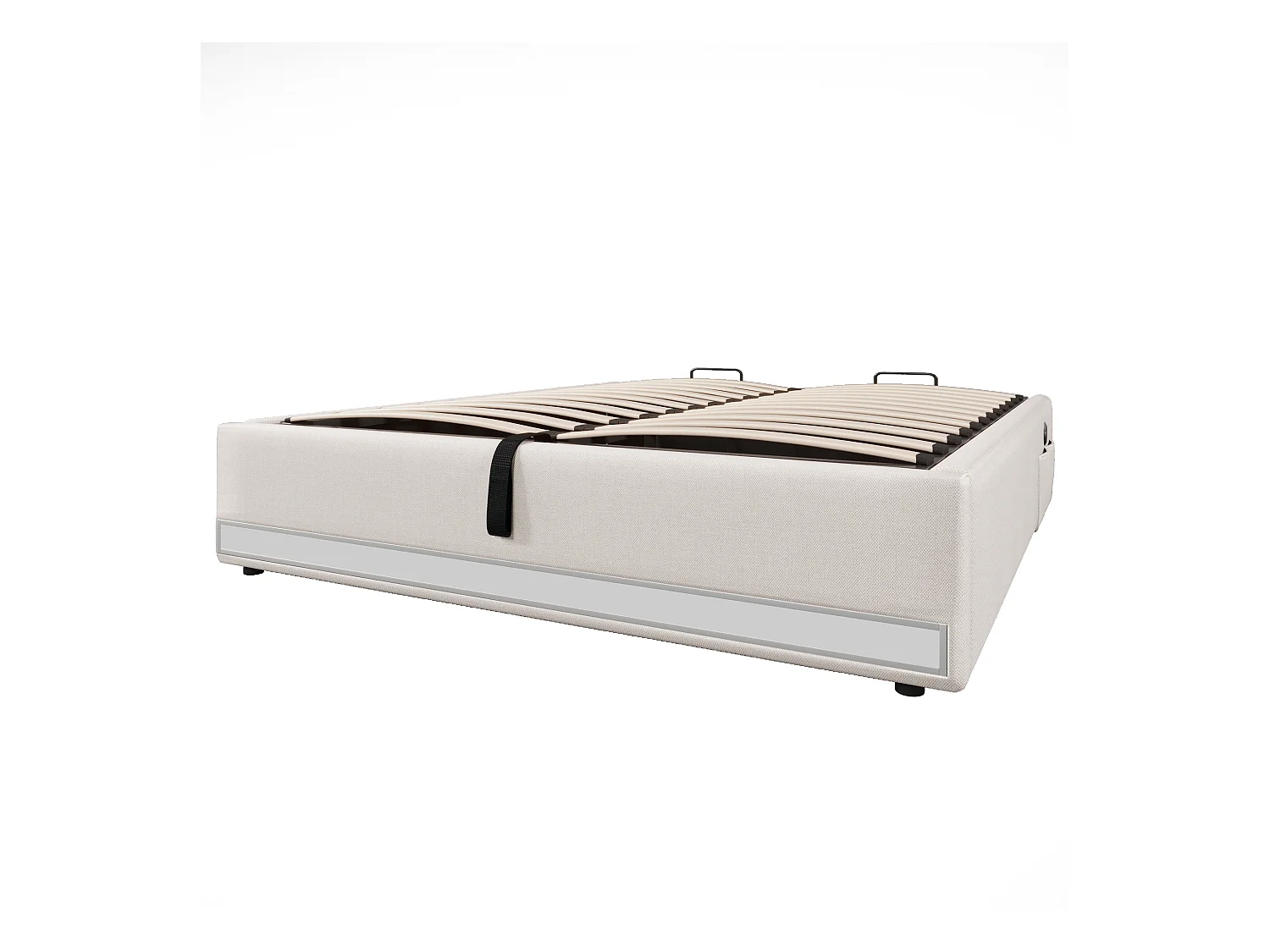 Lit coffre adulte 140x200cm en lin beige, sans tête de lit, LED et USB inclus, sans matelas