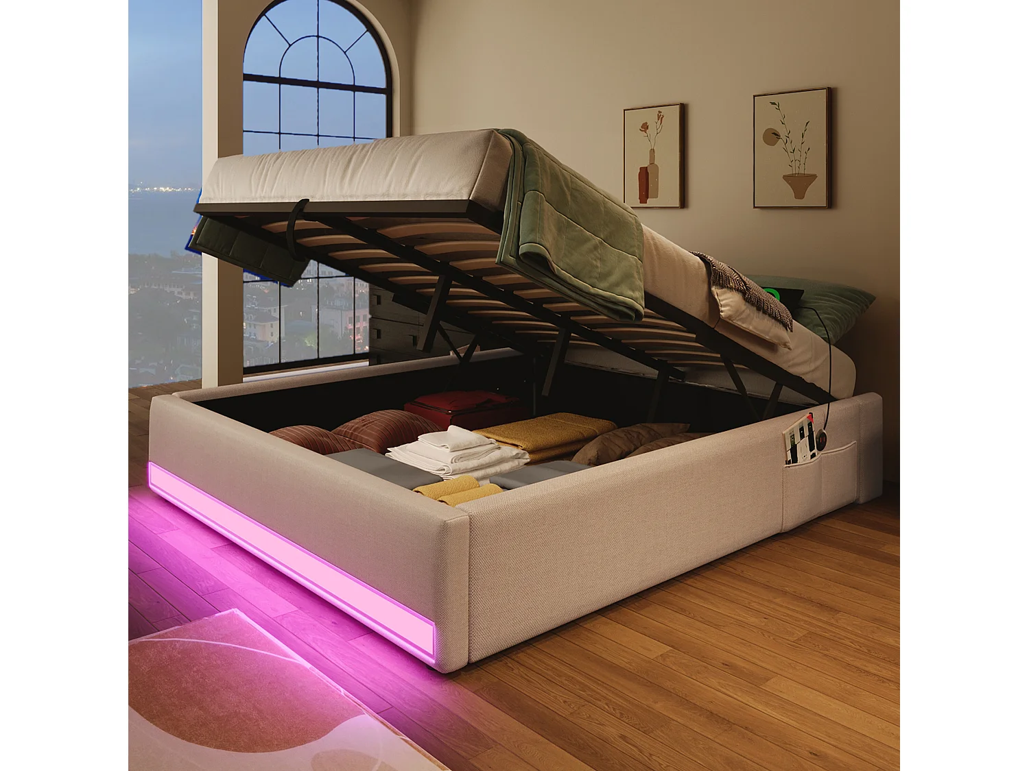 Lit coffre adulte 140x200cm en lin beige, sans tête de lit, LED et USB inclus, sans matelas