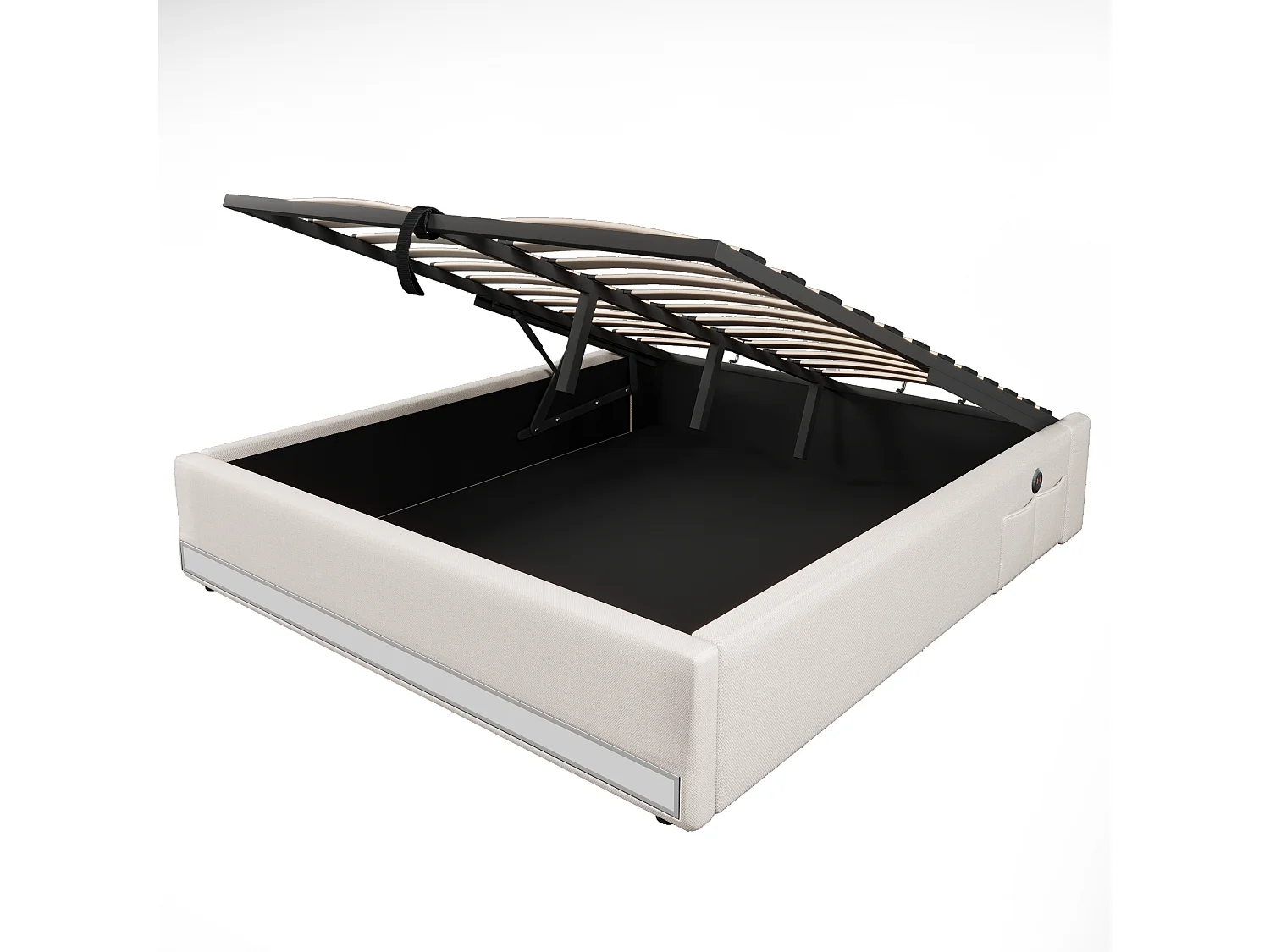 Lit coffre adulte 140x200cm en lin beige, sans tête de lit, LED et USB inclus, sans matelas