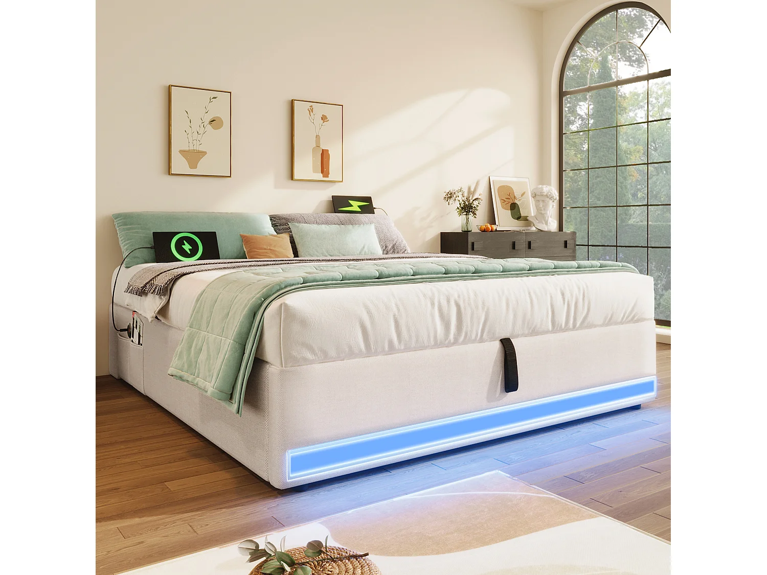 Lit coffre adulte 140x200cm en lin beige, sans tête de lit, LED et USB inclus, sans matelas