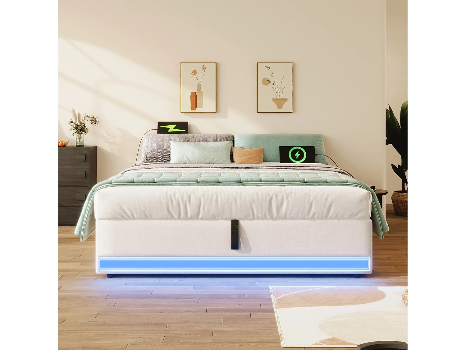 Lit coffre adulte 140x200cm en lin beige, sans tête de lit, LED et USB inclus, sans matelas