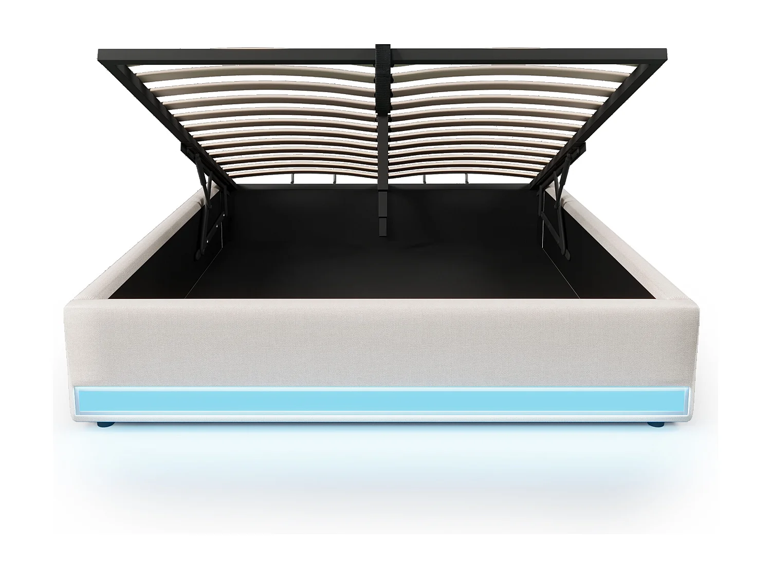 Lit coffre adulte 140x200cm en lin beige, sans tête de lit, LED et USB inclus, sans matelas