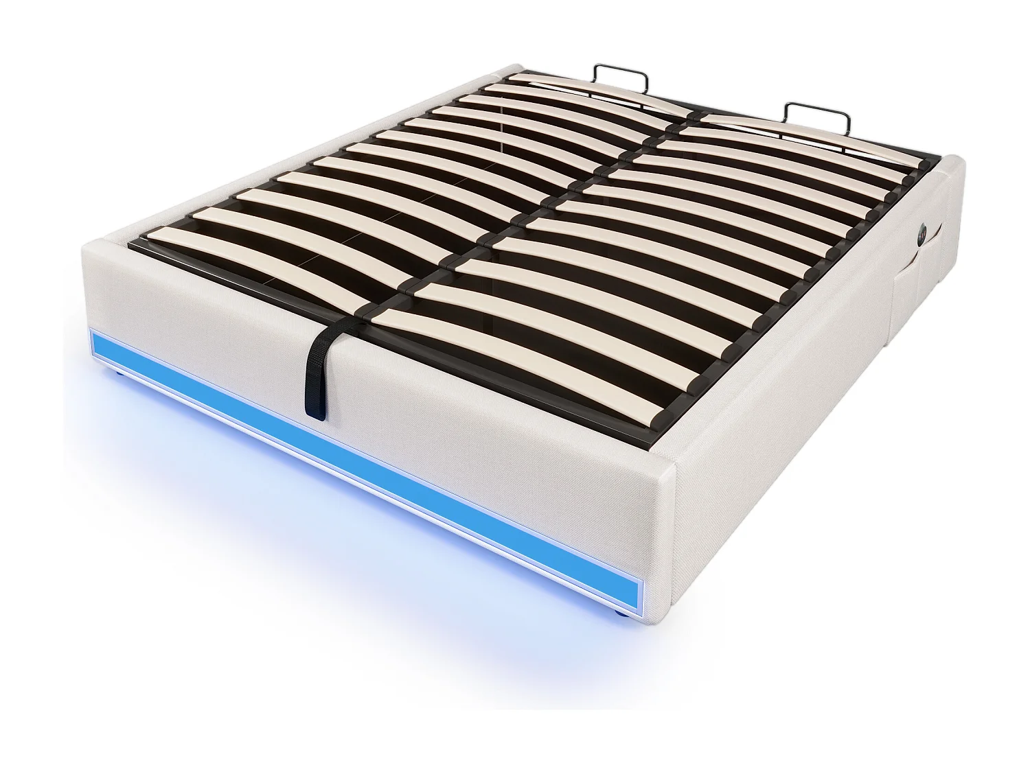 Lit coffre adulte 140x200cm en lin beige, sans tête de lit, LED et USB inclus, sans matelas