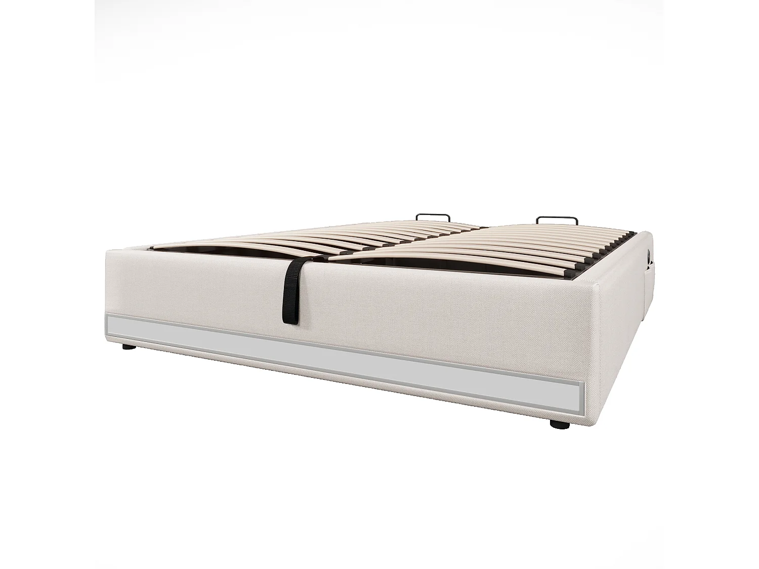 Lit coffre adulte 140x200cm en lin beige, sans tête de lit, LED et USB inclus, sans matelas