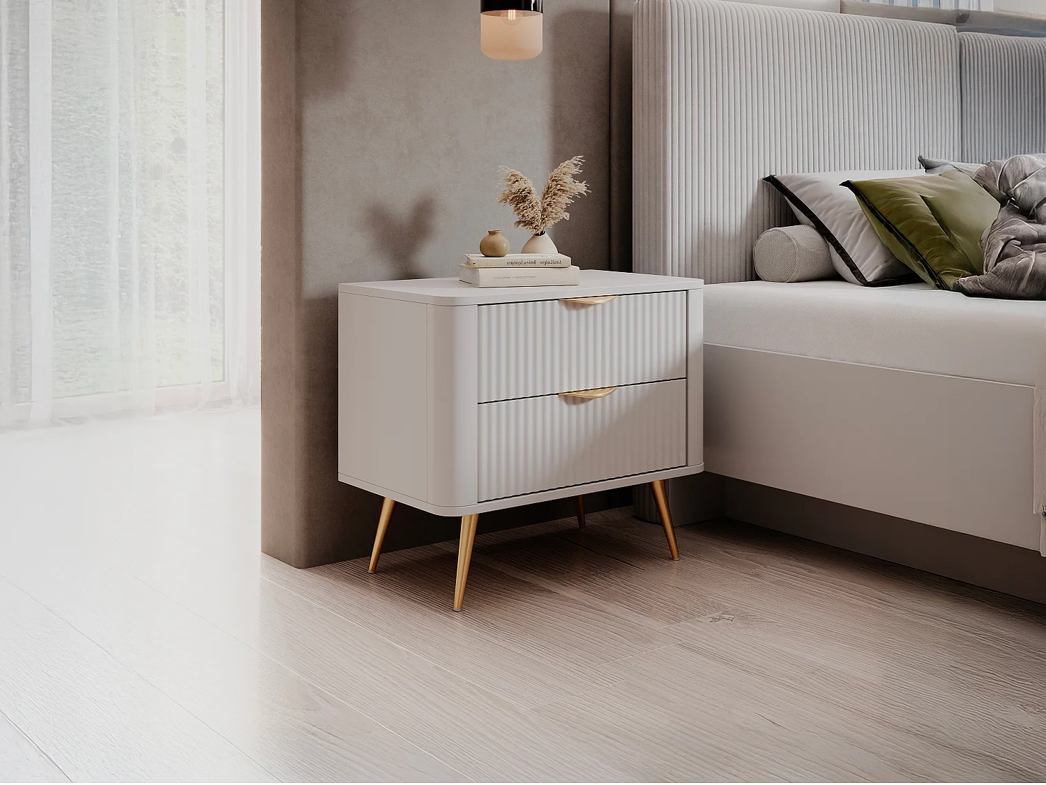 Lot de 2 tables de chevet - 2 tiroirs - Blanc et doré - ELONARIA de Pascal Morabito