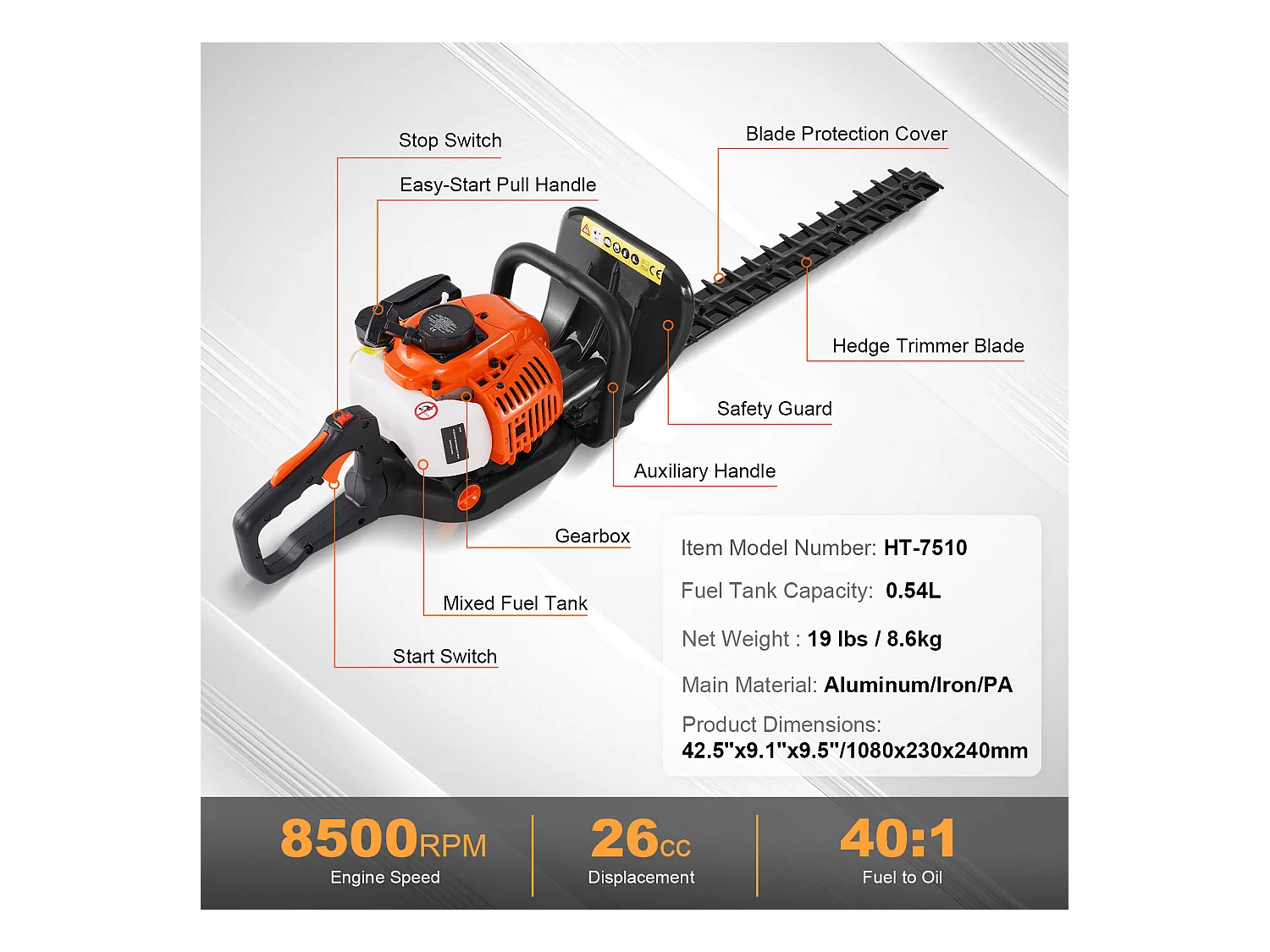 Taille-Haie à Essence SucceBuy,59 cm, à Main à 2 Temps, à Essence, Tête Réglable à 180 °, pour la Taille des Arbustes et des Buissons