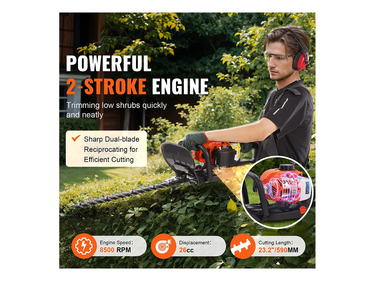 Taille-Haie à Essence SucceBuy,59 cm, à Main à 2 Temps, à Essence, Tête Réglable à 180 °, pour la Taille des Arbustes et des Buissons