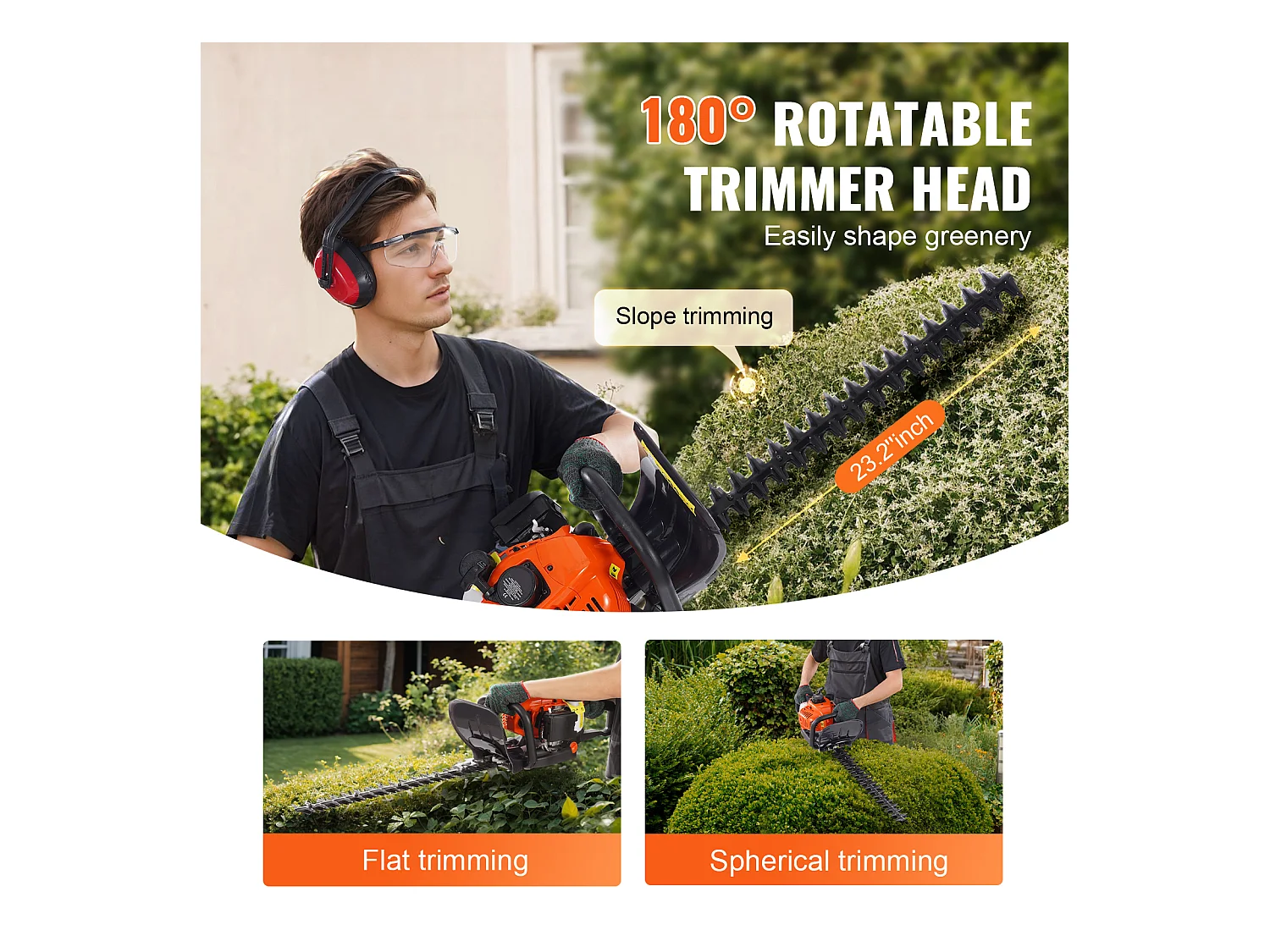 Taille-Haie à Essence SucceBuy,59 cm, à Main à 2 Temps, à Essence, Tête Réglable à 180 °, pour la Taille des Arbustes et des Buissons