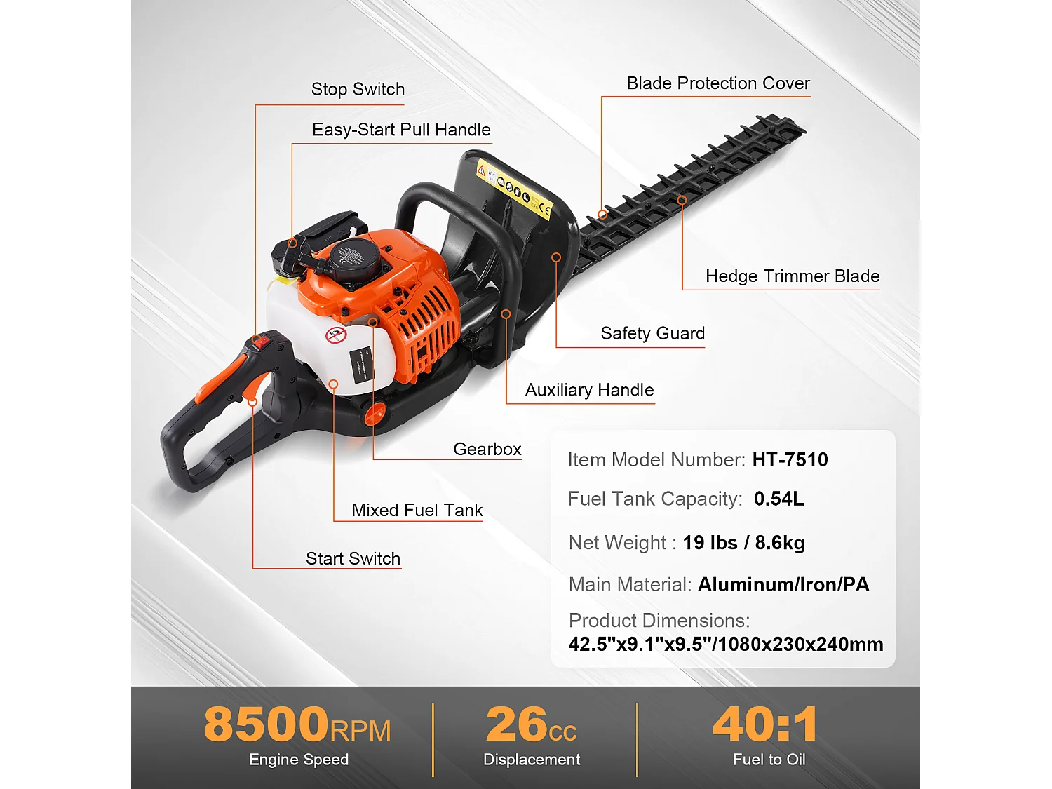 Taille-Haie à Essence SucceBuy,59 cm, à Main à 2 Temps, à Essence, Tête Réglable à 180 °, pour la Taille des Arbustes et des Buissons