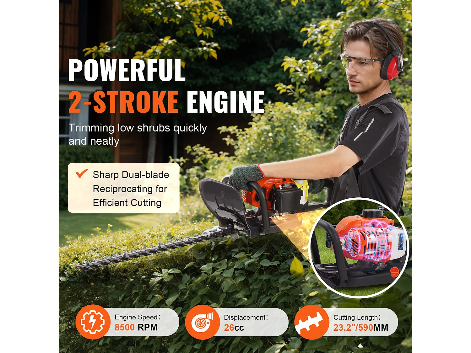 Taille-Haie à Essence SucceBuy,59 cm, à Main à 2 Temps, à Essence, Tête Réglable à 180 °, pour la Taille des Arbustes et des Buissons