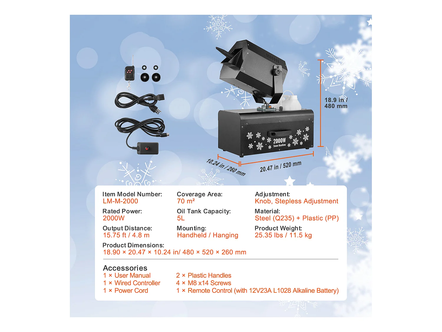 Machine à Neige SucceBuy, 2000 W avec Télécommande Sans Fil pour Événements, pour Noël, Mariages, Création d'un Monde Enneigé Magique