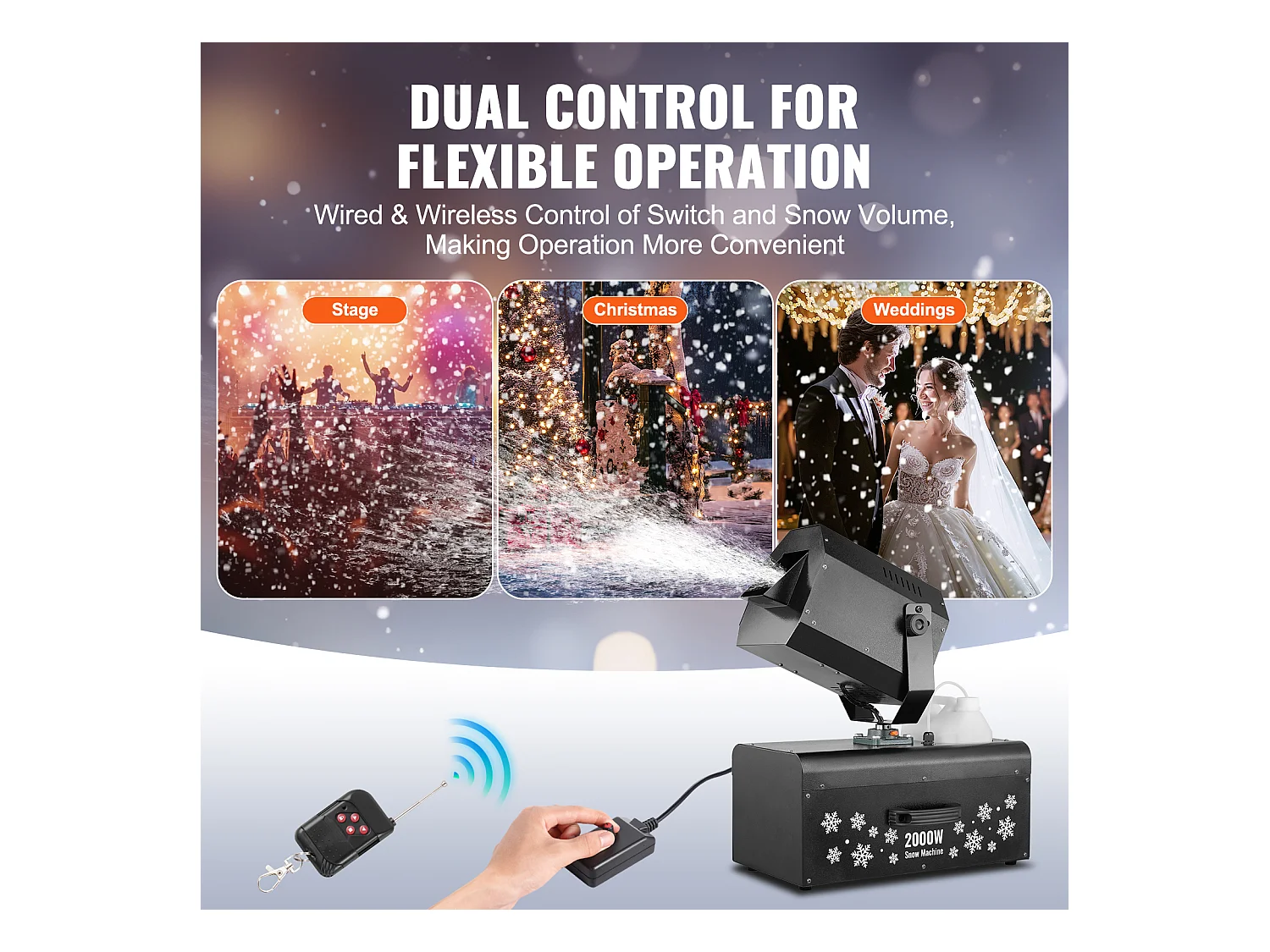 Machine à Neige SucceBuy, 2000 W avec Télécommande Sans Fil pour Événements, pour Noël, Mariages, Création d'un Monde Enneigé Magique