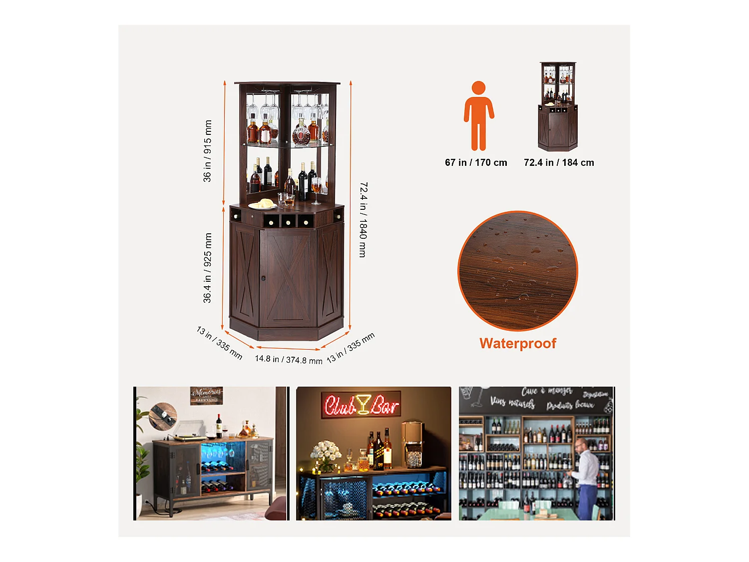 Meuble de Bar Industriel SucceBuy, avec Support pour Verres à Liqueur et Verres, Meuble de Bar à Café en Bois de Ferme Autonome pour Salon, Bar à Domicile