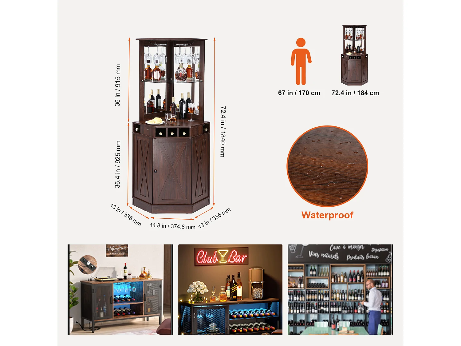 Meuble de Bar Industriel SucceBuy, avec Support pour Verres à Liqueur et Verres, Meuble de Bar à Café en Bois de Ferme Autonome pour Salon, Bar à Domicile