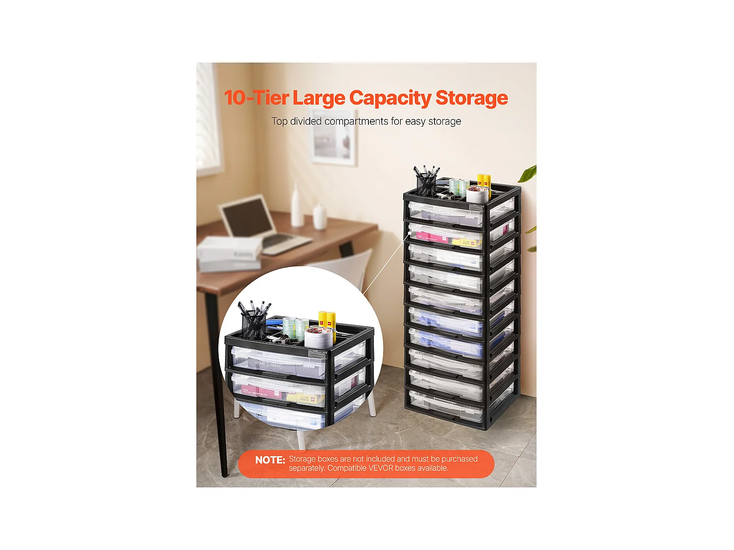 Plastic Bureau-Opbergbak SucceBuy, met 10 Niveaus, Grote Capaciteit met Bovenste Organizer, Zwart Frame