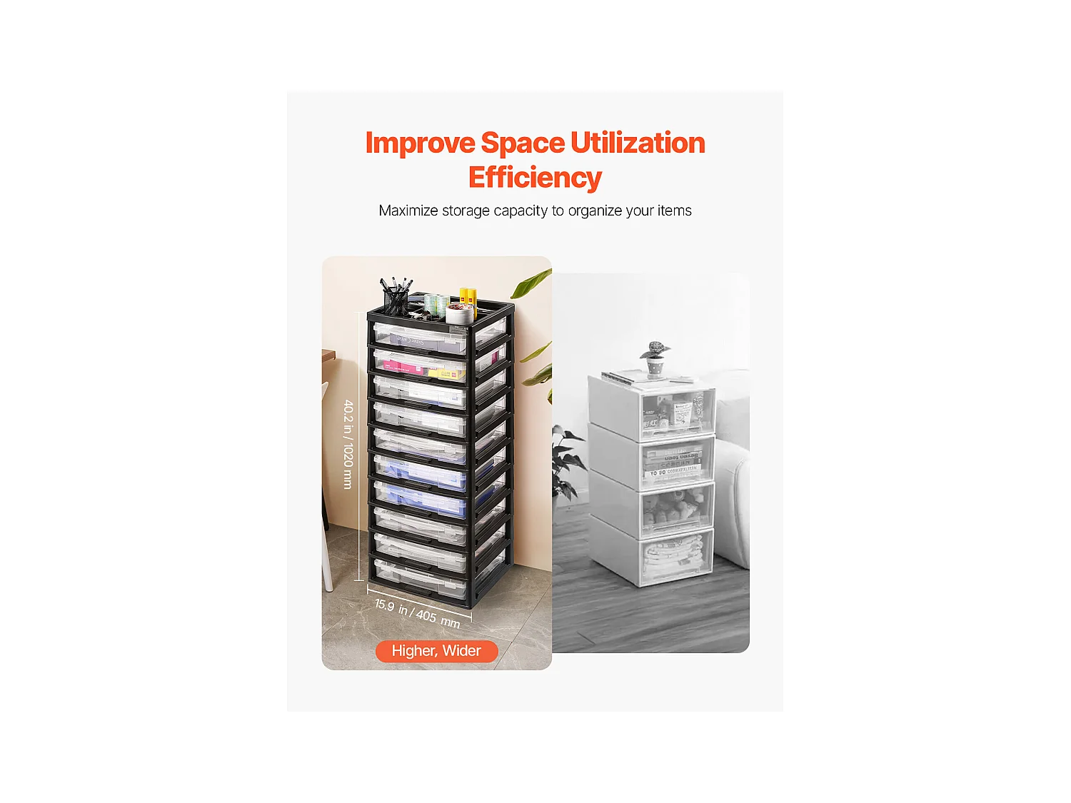 Plastic Bureau-Opbergbak SucceBuy, met 10 Niveaus, Grote Capaciteit met Bovenste Organizer, Zwart Frame