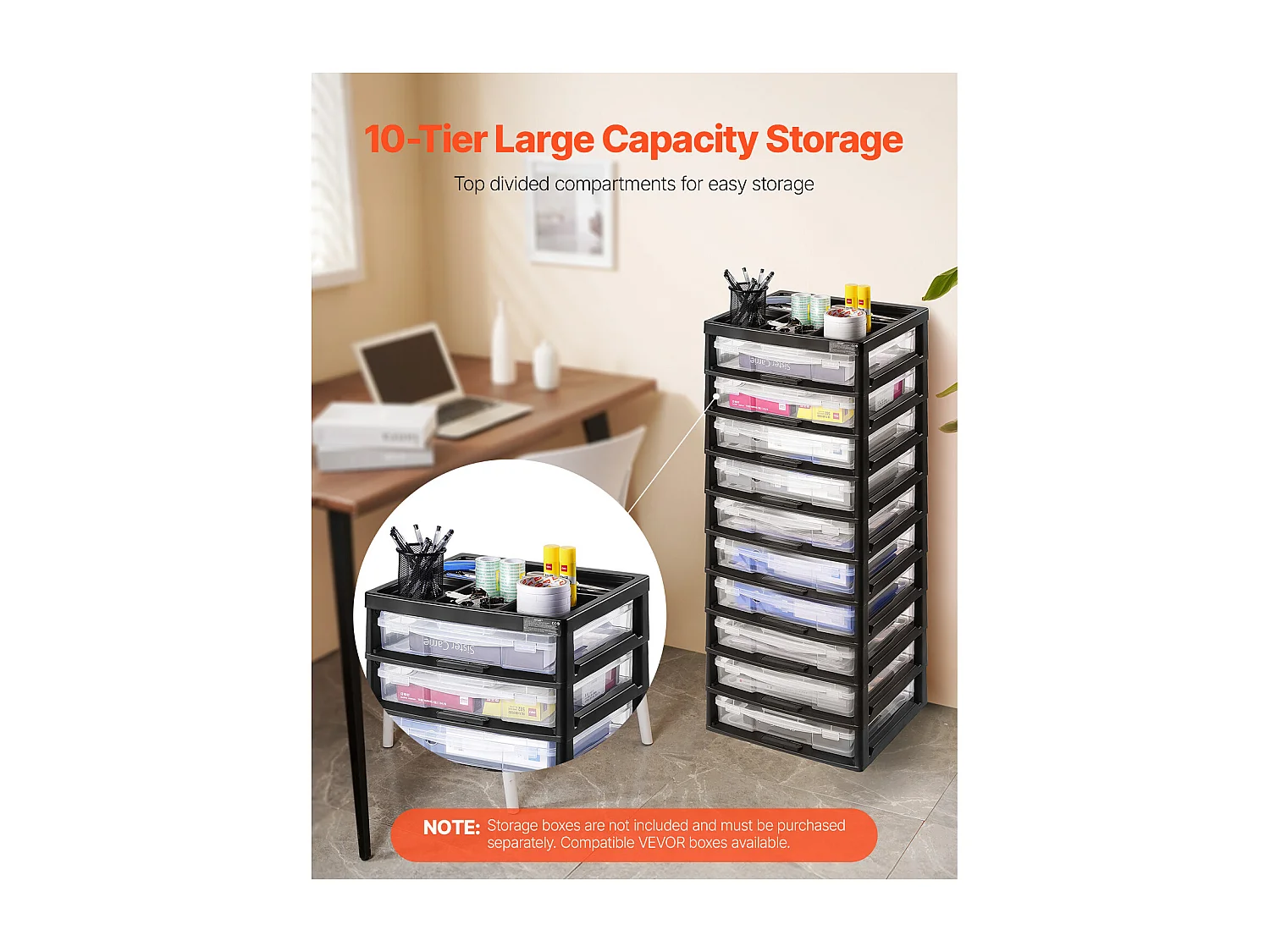 Rangement de Bureau en Plastique SucceBuy, à 10 Niveaux, Grande Capacité avec Organiseur Supérieur, Cadre Noir