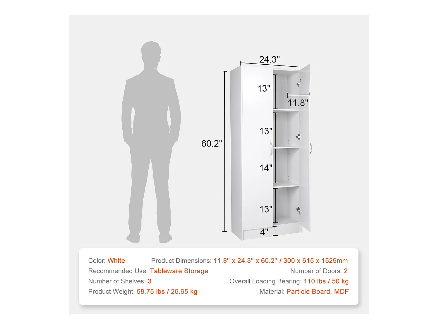 Küchenvorratschrank SucceBuy , Lagerung für Vorräte, Höhe 152,4 cm, Belastbarkeit 50 kg