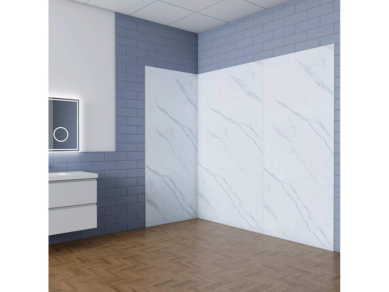 Aica B:90xL:(90+90)H:210cm visbuikwit aluminium composiet platen , 3 mm dik-Set van 3 douchewandpanelen inclusief profielen-Wandpanelen