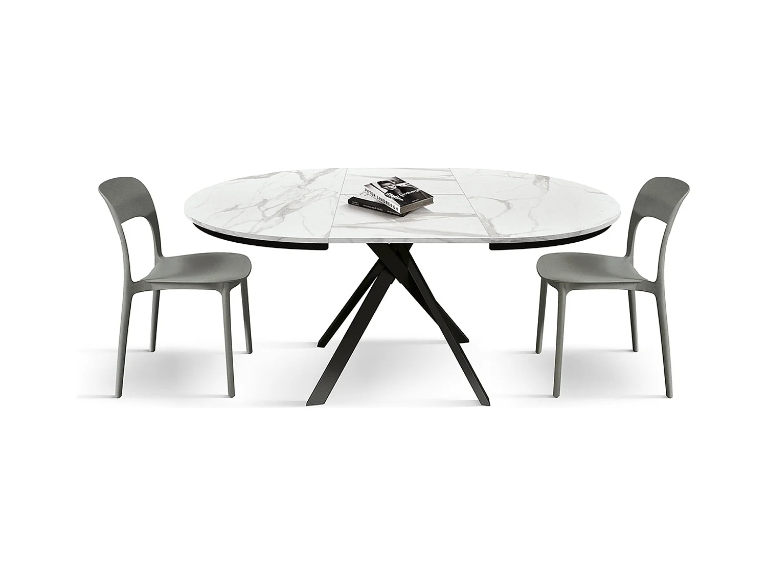 Table ronde en bois, finition blanche, pieds noirs Ø120xH75.3-170x120x75.3 - PANTELLERIA