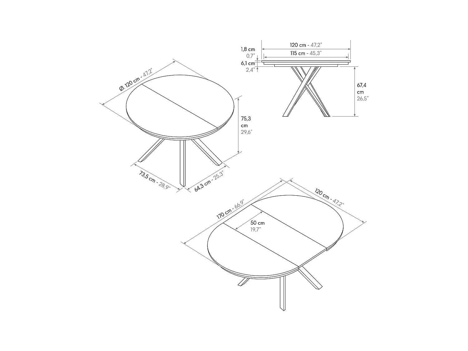 Table ronde en bois, finition blanche, pieds noirs Ø120xH75.3-170x120x75.3 - PANTELLERIA