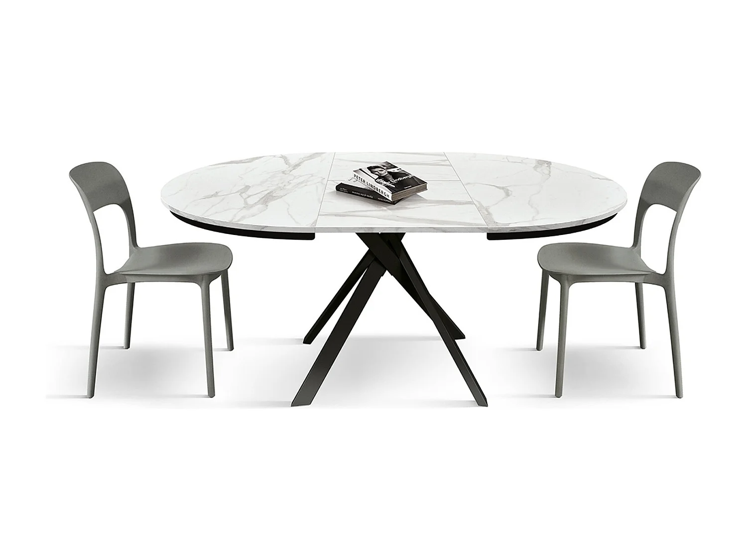 Runder Holztisch, weiß lackiert, schwarze Beine Ø120xH75.3-170x120x75.3 - PANTELLERIA