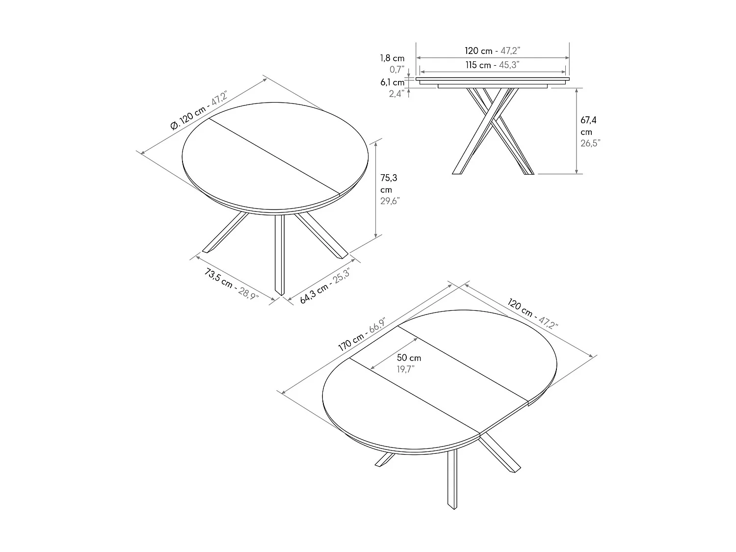 Runder Holztisch, weiß lackiert, schwarze Beine Ø120xH75.3-170x120x75.3 - PANTELLERIA