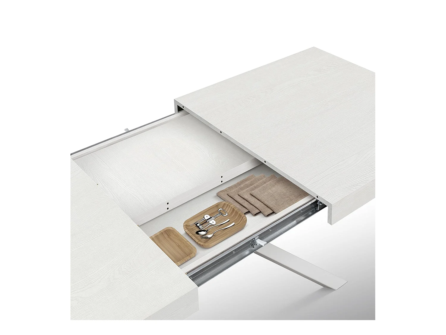 Tavolo in legno, finitura bianco, base a X in metallo bianco, 180×90–260×90 - CAMAIORE