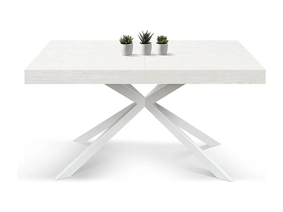 Tavolo in legno, finitura bianco, base a X in metallo bianco, 180×90–260×90 - CAMAIORE