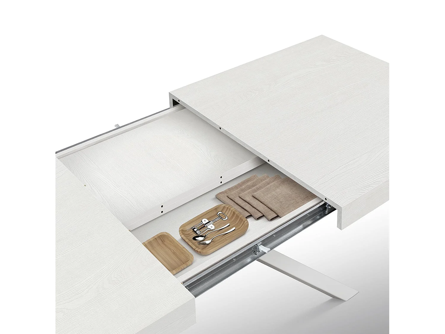Tavolo in legno, finitura bianco, base a X in metallo bianco, 180×90–260×90 - CAMAIORE
