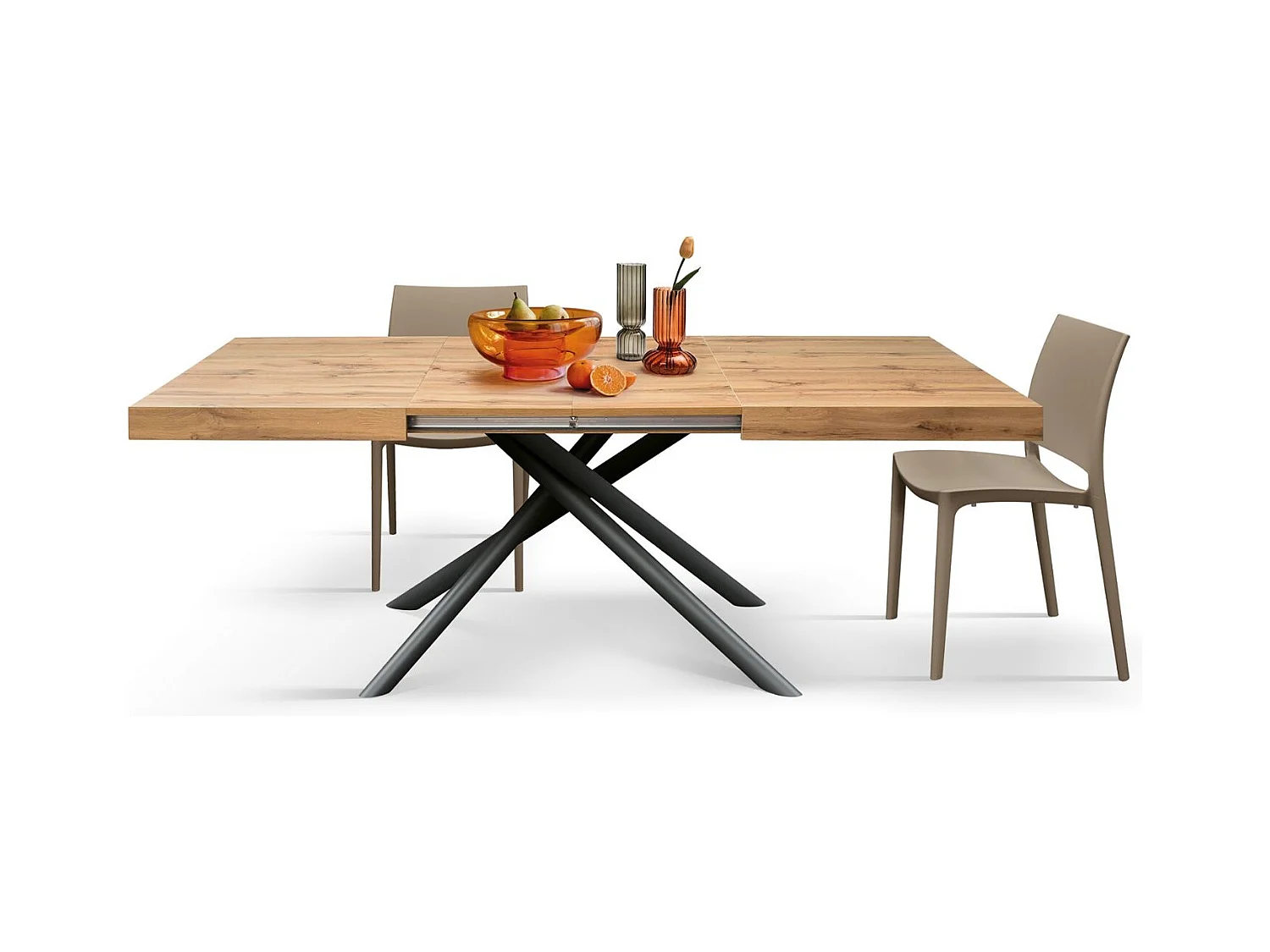 Mesa de madera, acabado roble, base de metal antracita, 180×90–260×90 - CARRARA