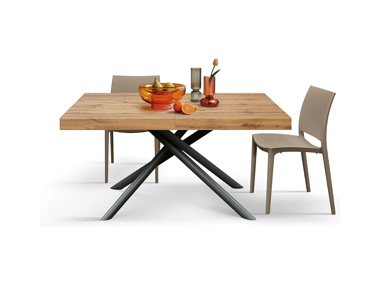 Mesa de madera, acabado roble, base de metal antracita, 180×90–260×90 - CARRARA