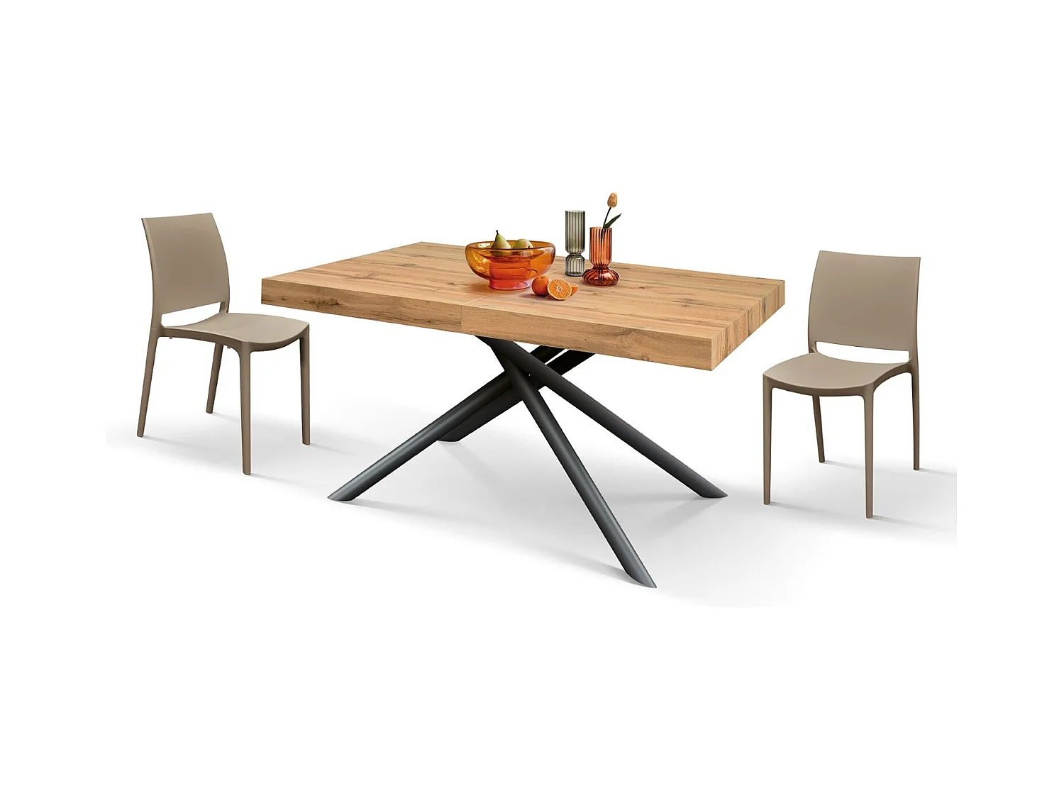 Mesa de madera, acabado roble, base de metal antracita, 180×90–260×90 - CARRARA