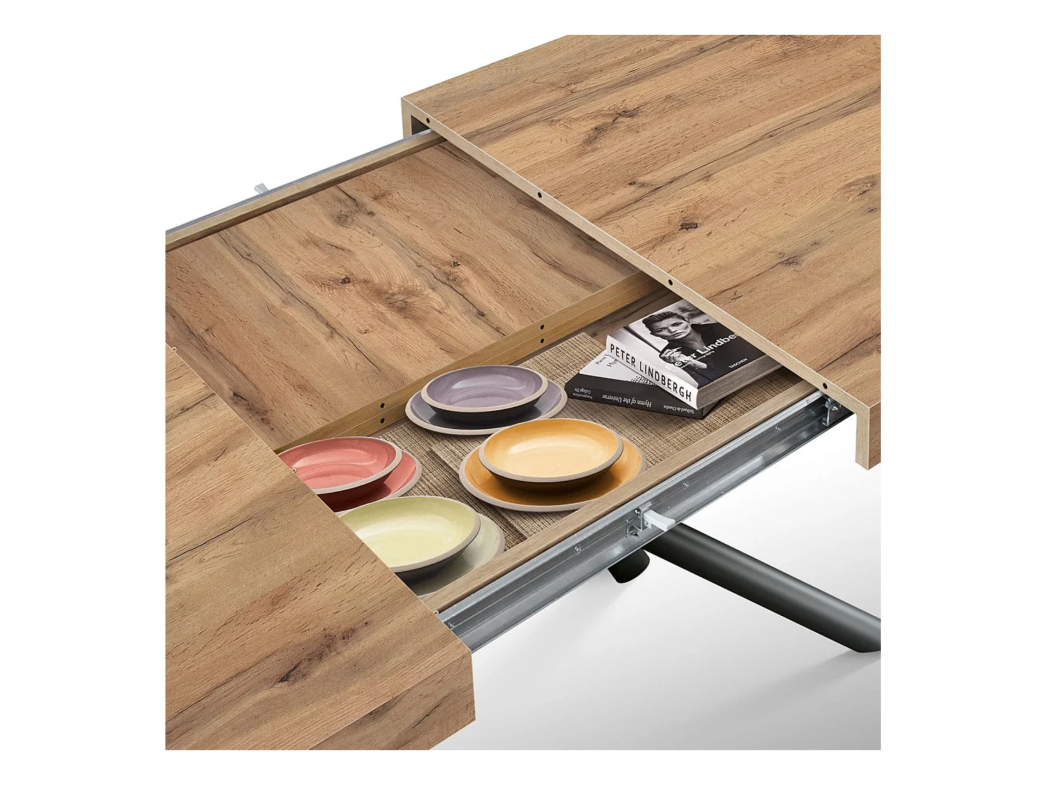 Mesa de madera, acabado roble, base de metal antracita, 180×90–260×90 - CARRARA