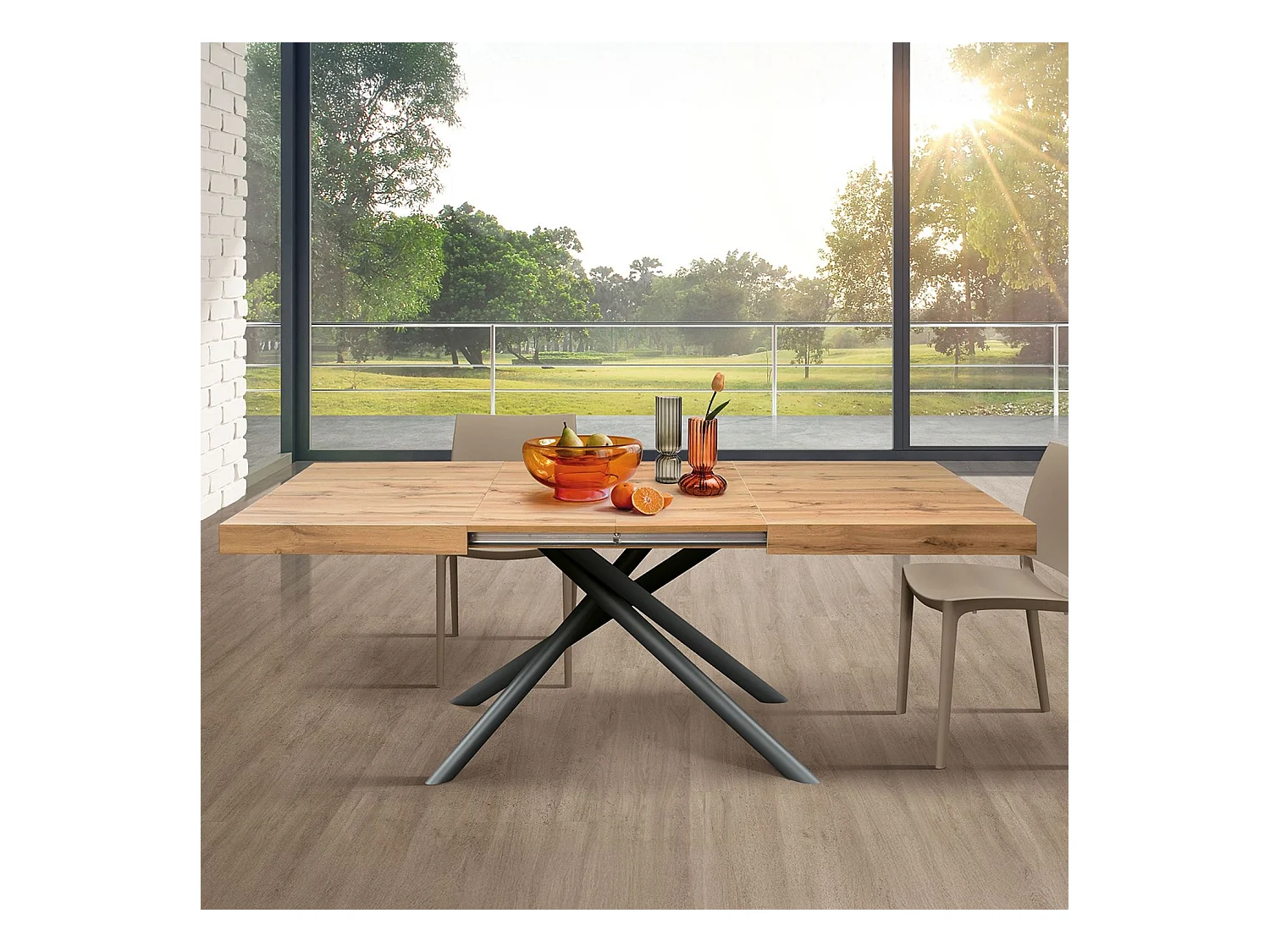 Mesa de madera, acabado roble, base de metal antracita, 180×90–260×90 - CARRARA