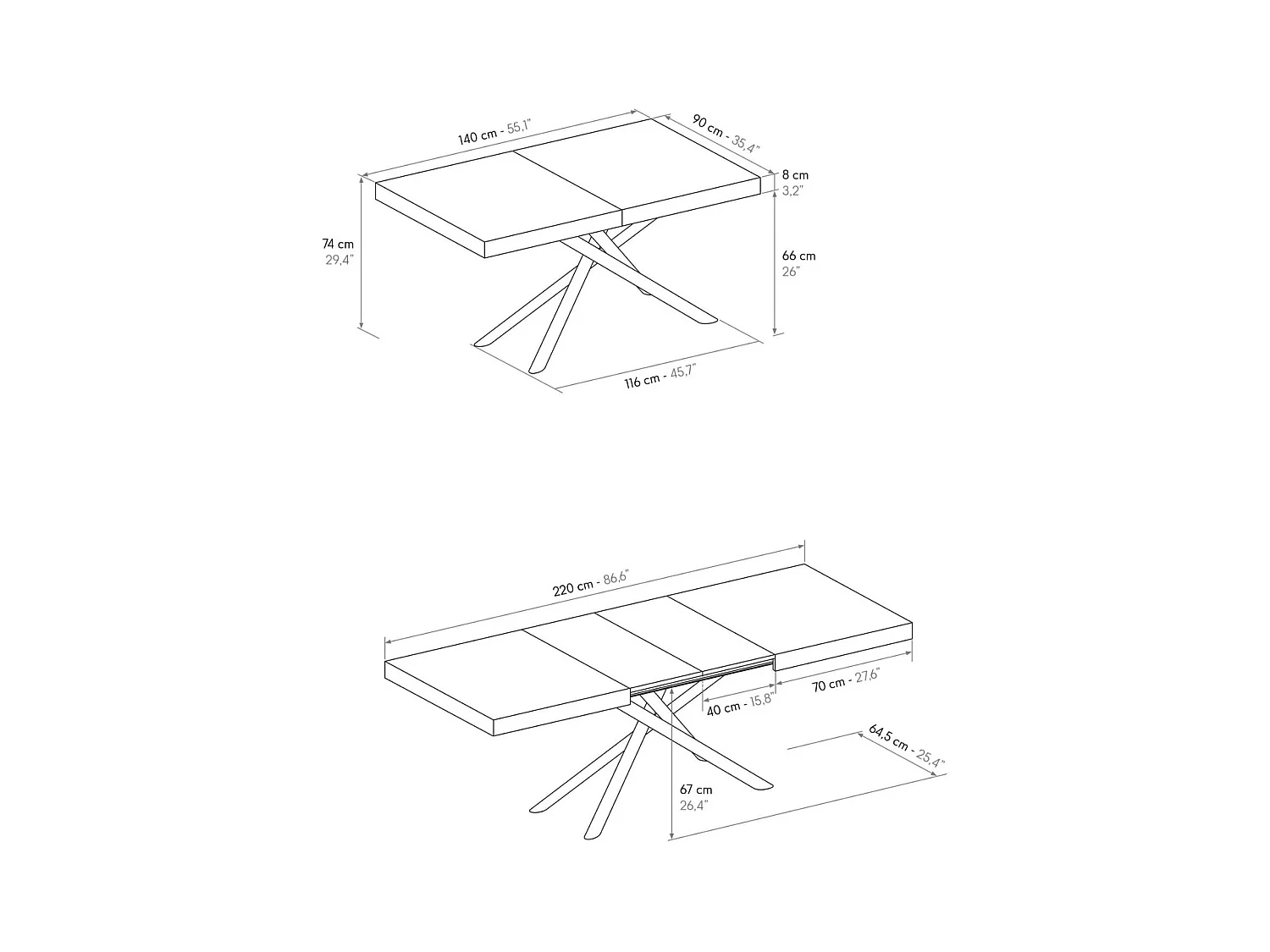 Mesa de madera, acabado roble, base de metal antracita, 180×90–260×90 - CARRARA