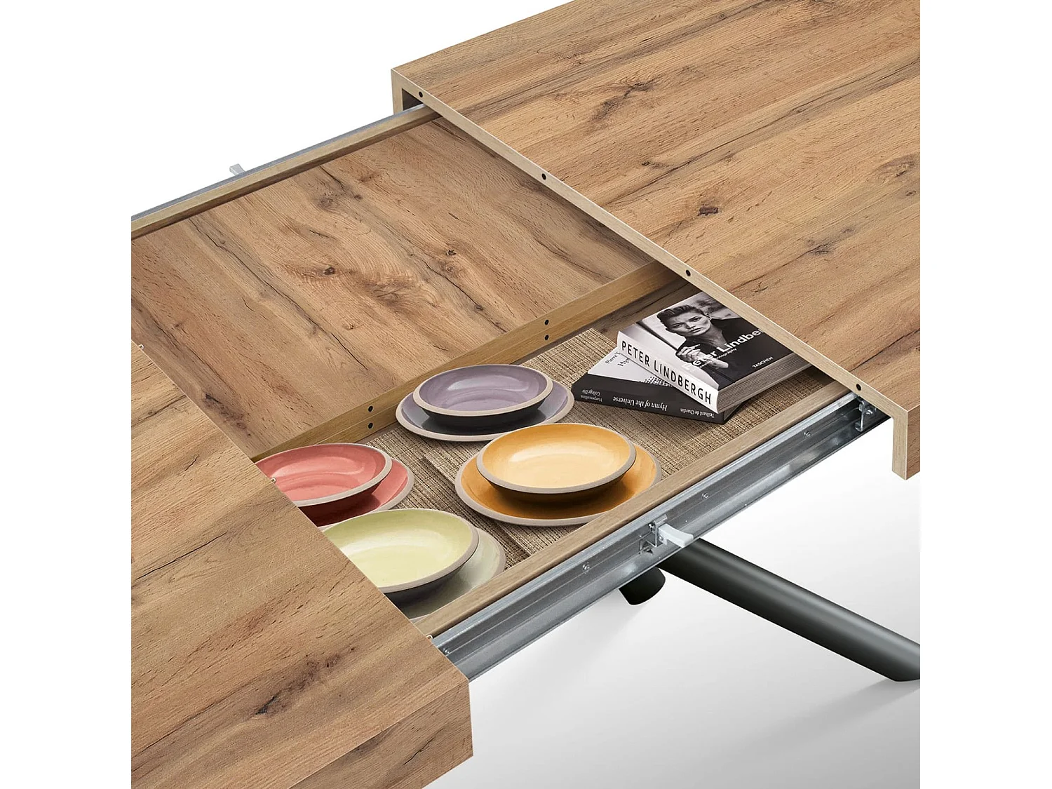 Table en bois, finition chêne, piètement en métal anthracite, 180×90–260×90 - CARRARA