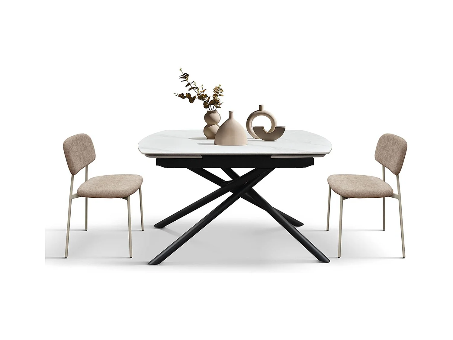 Table en céramique blanche, piètement en métal noir, extensible 120x88-180x88 cm - BONIFACIO